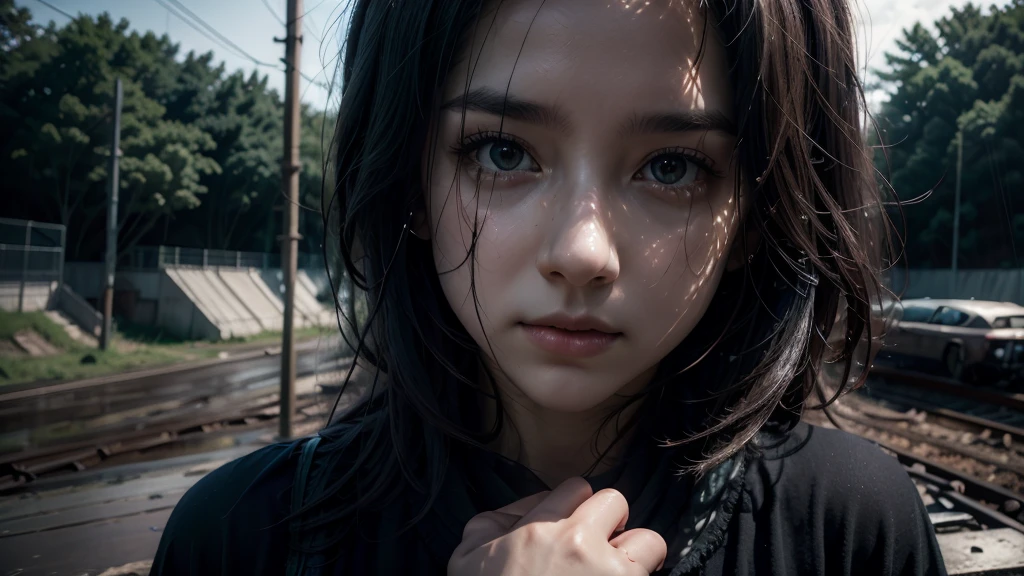  1 women in loose, lightweight black clothing, wearing a prominently visible balaclava, hanging by one hand from a track above a rusted roller coaster car, broken tracks and overgrown weeds, eerie atmosphere, sense of mystery and solitude, suspenseful mood, close-up shot from the car, shallow depth of field, soft, diffused lighting. Dark atmosfer.mask in face.8k