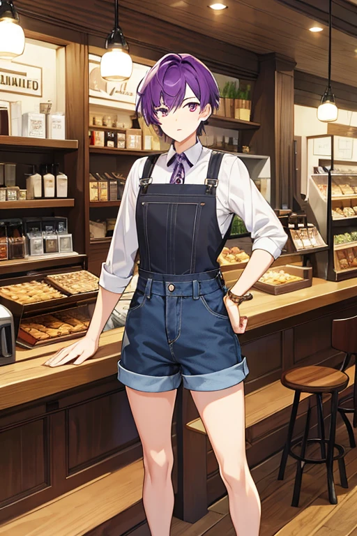 Tall Man, short purple hair, coffee apron, Black sleeveless shirt, denim shorts, Zapatero 