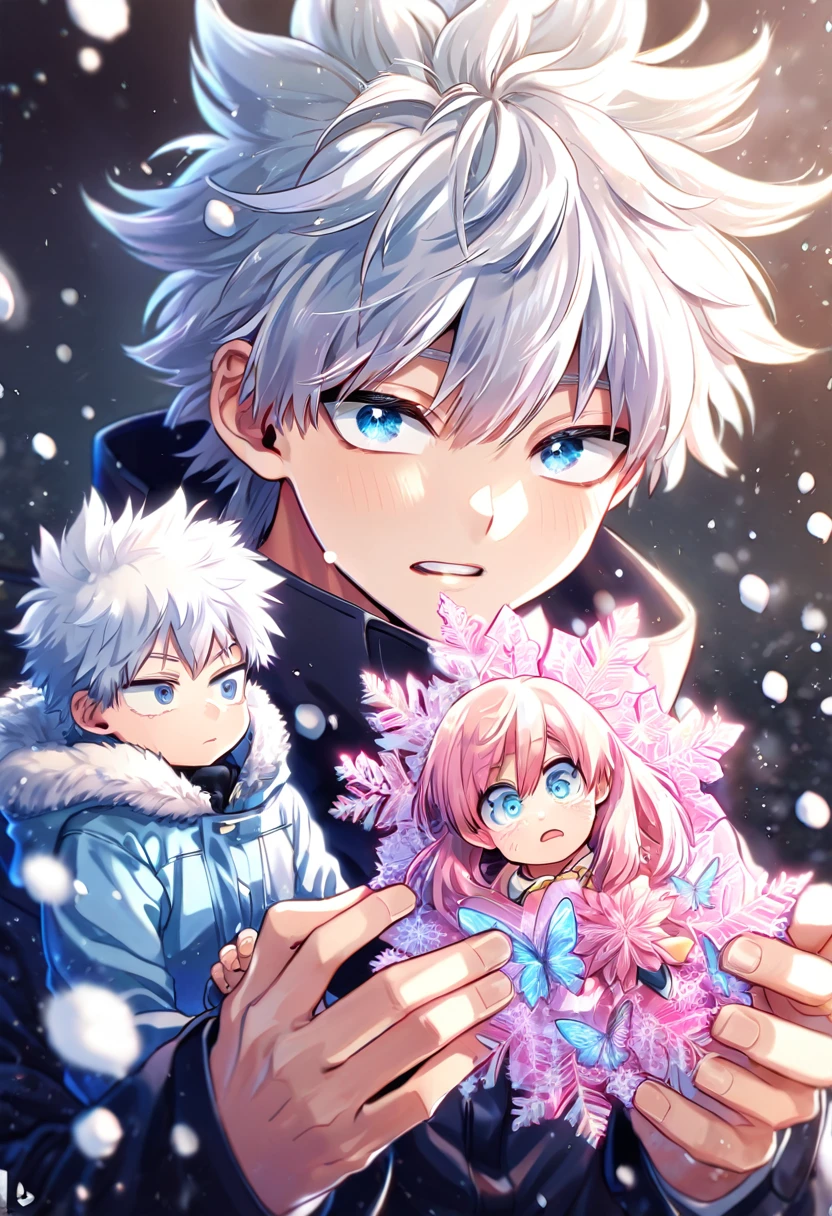 absurdres, highres, ultra detailed, HDR, master piece, best quality, extremely detailed face, delicated features, Himura Kirei, white hair, messy hair, expressive blue eyes, Boku No Hero Academia, Gojou Satoru as a kid, white hair, expressive blue eyes, white eyelashes, a handsome adult man holding a kid, black coat, light-blue coat with fur, fantasy, magical, pink ice butterflies, pink ice flowers, pink, pink snowflakes, winter, snow, snowing