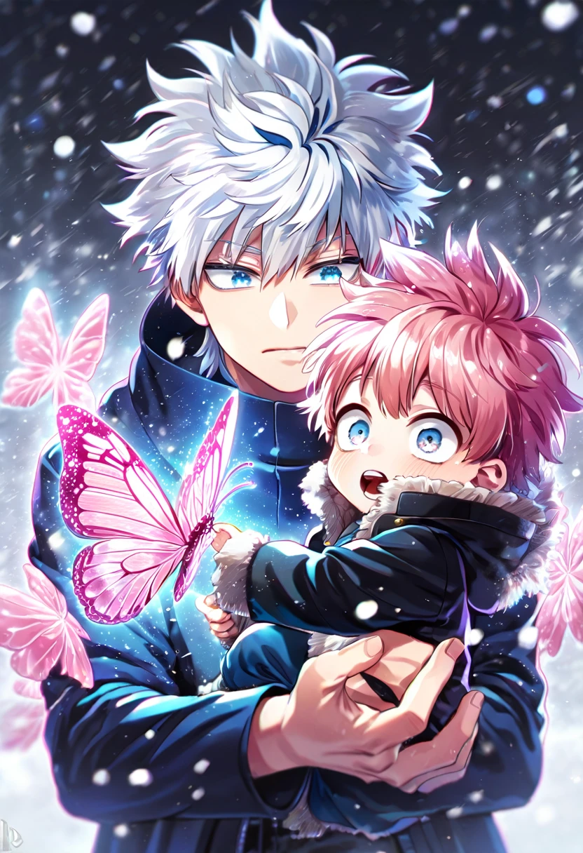 absurdres, highres, ultra detailed, HDR, master piece, best quality, extremely detailed face, delicated features, Himura Kirei, white hair, messy hair, expressive blue eyes, Boku No Hero Academia, Gojou Satoru as a kid, white hair, expressive blue eyes, white eyelashes, a handsome adult man holding a kid, black coat, light-blue coat with fur, fantasy, magical, pink ice butterflies, pink ice flowers, pink, pink snowflakes, winter, snow, snowing