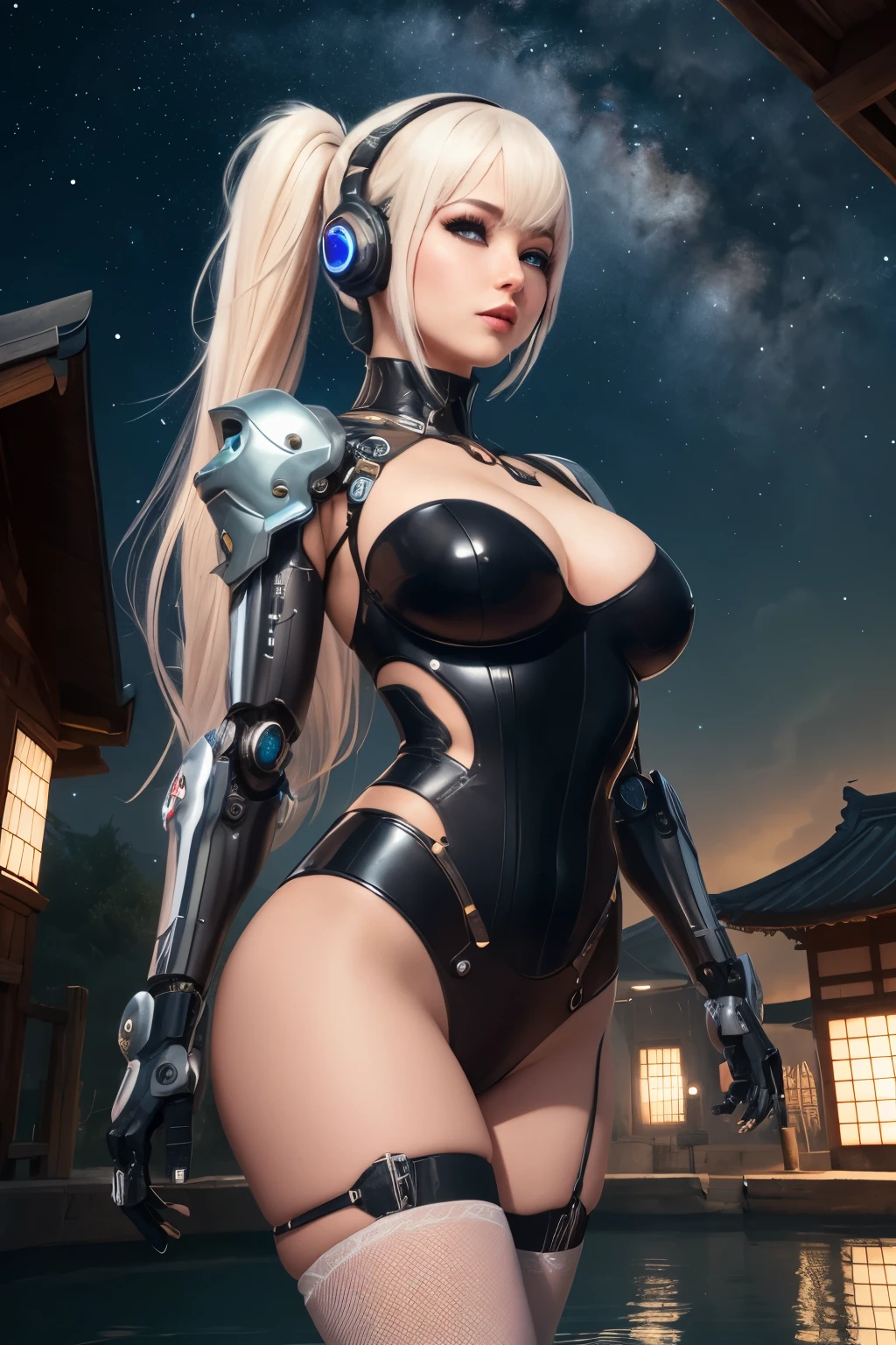 masterpiece, best quality, ultra-detailed, very detailed illustrations, extremely detailed, intricate details, highres, super complex details, extremely detailed 8k cg wallpaper, cowboy shot, caustics, reflection, ray tracing, demontheme, nebula, dark aura, cyber effect, (1girl:1.4), solo, alone, mecha musume, mechanical parts, robot joints, single mechanical arm, mechanical halo, star halo, intricate mechanical bodysuit, mecha corset, full armor, very long hair, white hair, hair between eyes, multicolored hair, colored inner hair, red eyes, glowing eye, eye trail, random expressions, random action, ancient japanese architecture, pond, starry sky, skyline, 0.8>, .5>, lucy, (cyberpunk\), alice, (nikke\), pink, bodysuit, animal, ear, headphones, shiny, clothes, twintails, latex, yorha, no., 2, type, b, mecha, musume, mechanical, parts, robot, joints, headgear, pantpulldown, hm2b, black, blindfold, covered, eyes, mole, under, mouth, clothing, cutout, long, sleeves, puffy, juliet, feather, trim, thighhighs, gloves, dress, skirt, navel, (white, leotard:1.2), cameltoe, natural, breasts, huge, nsfw, nude, gigantic, large, apart, veins, veiny_boobs, on, , 3DMM,