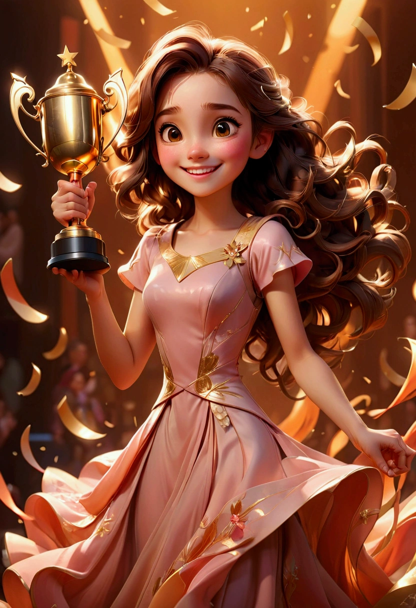 1girl, award-winning moment, emotional expression, joyful smile, hands raised in celebration, holding a trophy, dynamic pose, elegant dress, soft lighting, warm color palette, cinematic composition, octane render, 8k, highly detailed, masterpiece, best quality, very aesthetic, absurdres