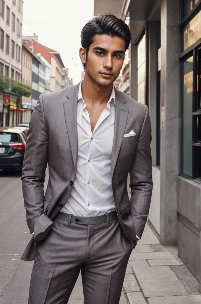 Lord Shiva Handsome man in his early 20s、Handsome European man in his 20s、Like gay handsome guy、Please face forward、Male in his early 20s、Brown short hair,Gray suit,White shirt,Hands in pockets,