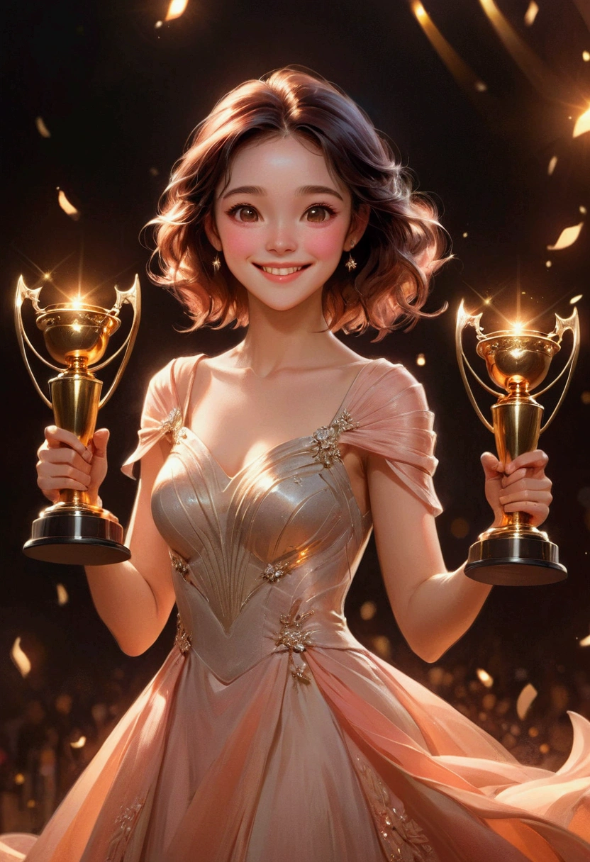 1girl, award-winning moment, emotional expression, joyful smile, hands raised in celebration, holding a trophy, dynamic pose, elegant dress, soft lighting, warm color palette, cinematic composition, octane render, 8k, highly detailed, masterpiece, best quality, very aesthetic, absurdres