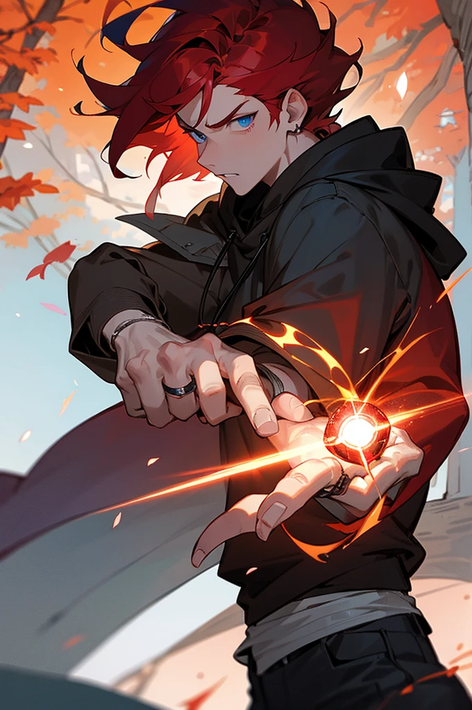 Red hair, icy blue eyes, striking male, intense gaze, evening, 10k resolution, forest path, autumn leaves, young man, determined expression, medium hair, bust shot, glowing garnet ring, serious look, garnet gem on finger, athletic, muscular build, fit, gray hoodie, garnet ring, no scars, lantern in hand, cargo pants.