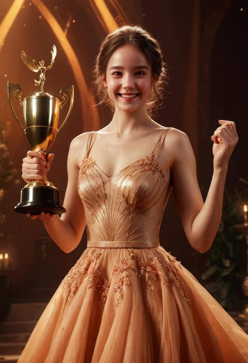 1girl, award-winning moment, emotional expression, joyful smile, hands raised in celebration, holding a trophy, dynamic pose, elegant dress, soft lighting, warm color palette, cinematic composition, octane render, 8k, highly detailed, masterpiece, best quality, very aesthetic, absurdres