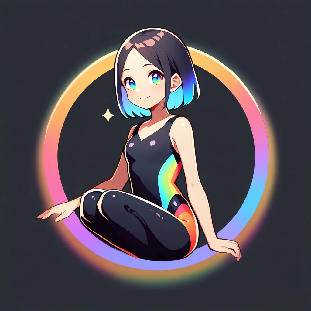 round frame, Round circle, Round,Highest quality,Pixiv ,One girl,alone,View your viewers,smile,White background only,whole body,From the side,One knee,,Look to the side、White backgroundのみ,A leotard with glittering embellishments,tight-fitting leotard,Rainbow gradient leotard,slim, Beautiful Eyes,軽いsmile,、No background、White background