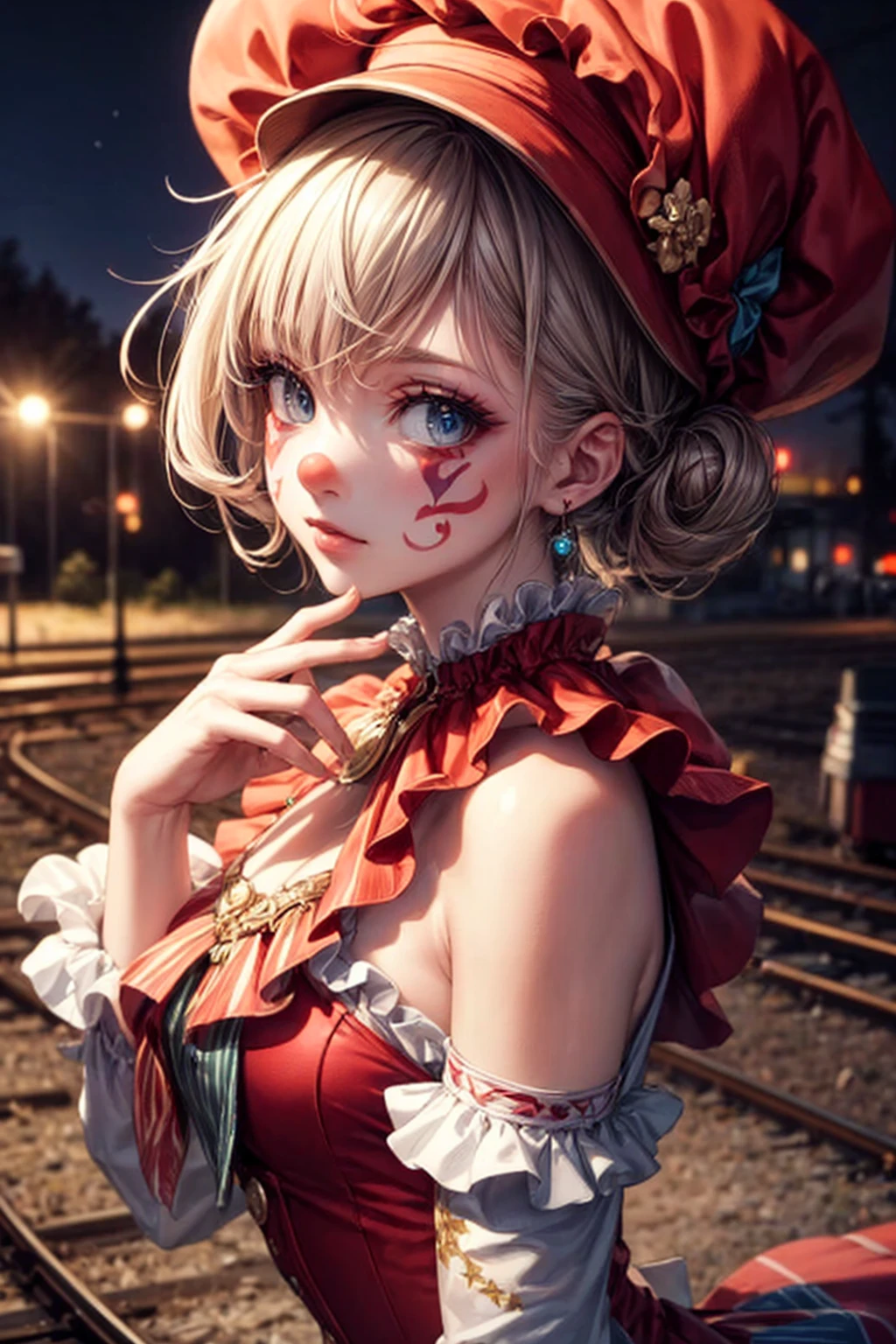 (((masterpiece))), (((best quality))), ((ultra-detailed)), (illustration), (an extremely delicate and beautiful),(clown) red clothes, face paint, cowboy shot, night, train