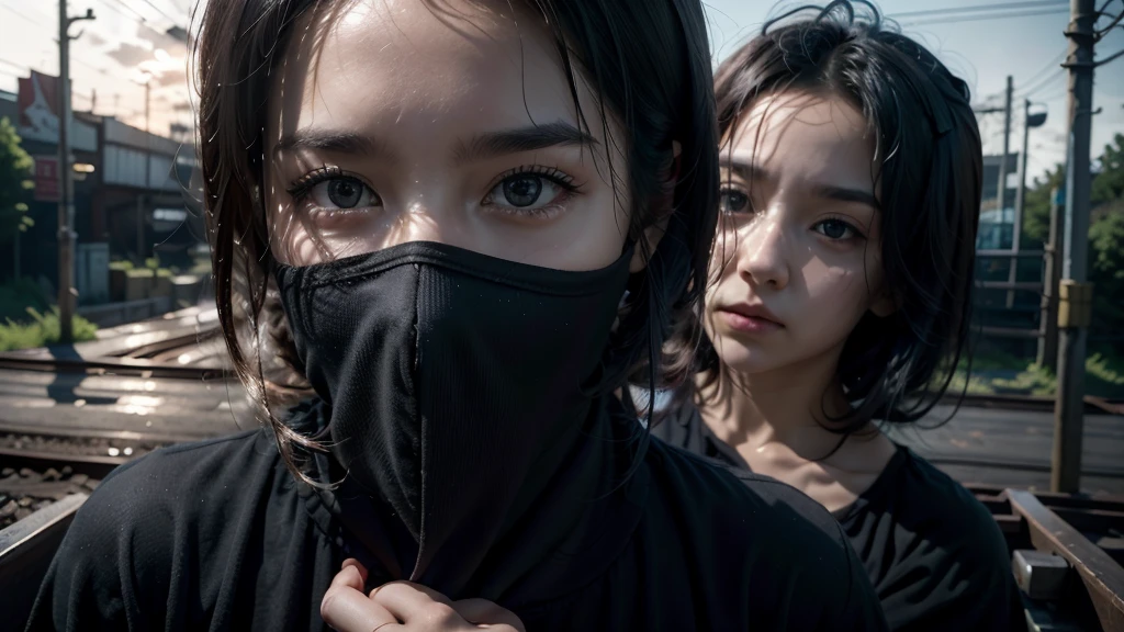 1 women in loose, lightweight black clothing, wearing a prominently visible balaclava, hanging by one hand from a track above a rusted roller coaster car, broken tracks and overgrown weeds, eerie atmosphere, sense of mystery and solitude, suspenseful mood, close-up shot from the car, shallow depth of field, soft, diffused lighting. Dark atmosfer.mask in face.8k