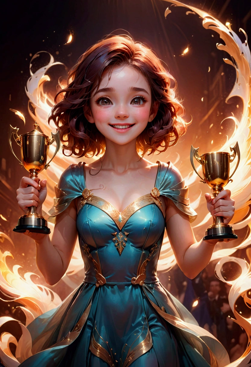 1girl, award-winning moment, emotional expression, joyful smile, hands raised in celebration, holding a trophy, dynamic pose, elegant dress, soft lighting, warm color palette, cinematic composition, octane render, 8k, highly detailed, masterpiece, best quality, very aesthetic, absurdres