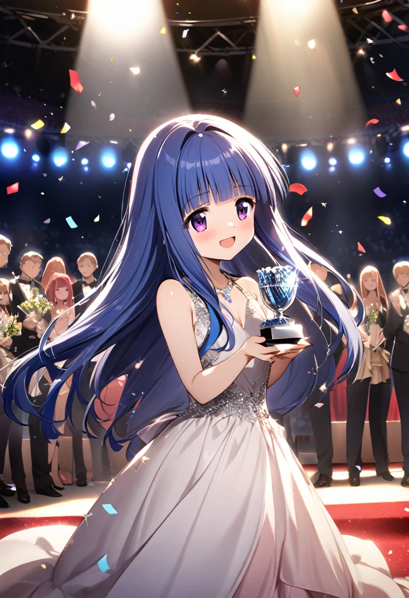 (Award-Winning Moment), (Rika Furude), Blue Hair, Purple eyes, Long Hair, blunt bangs, bangs, 1 girl, (Award Ceremony), Luxury Dresses, Spotlight, applause, necklace, Crystal Trophy, (confetti), stage, Red carpet, (Luxury venue)