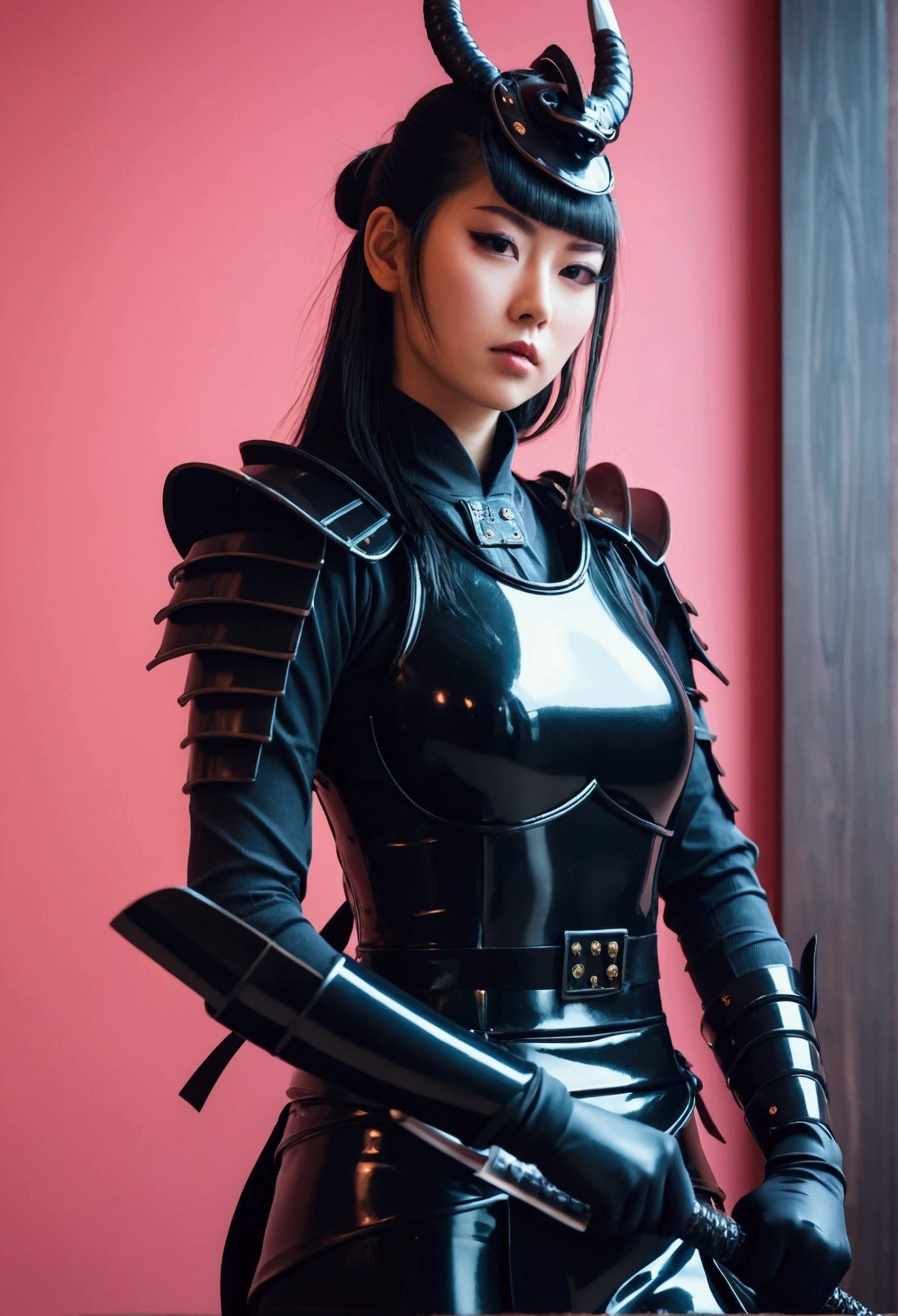 Samurai girl in latex suit