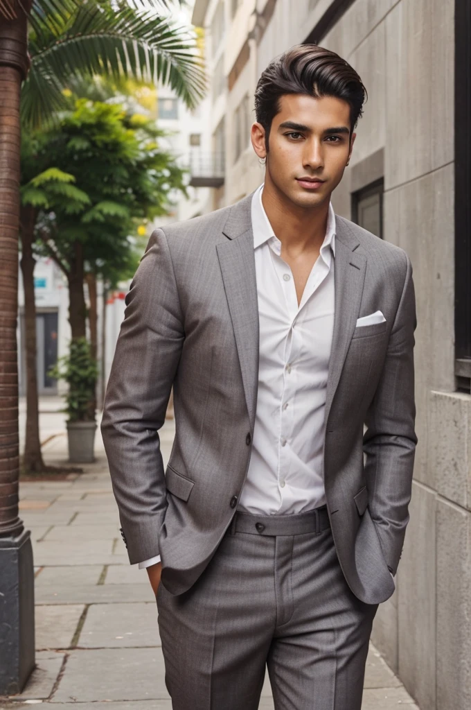 Lord Shiva Handsome man in his early 20s、Handsome European man in his 20s、Like gay handsome guy、Please face forward、Male in his early 20s、Brown short hair,Gray suit,White shirt,Hands in pockets,