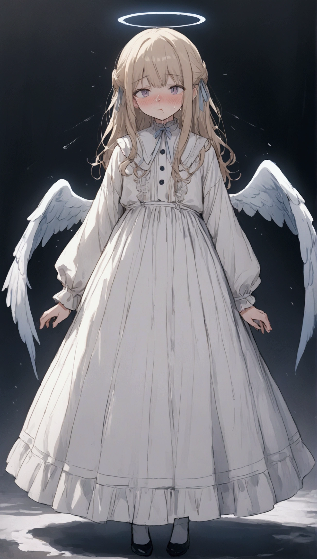 anime. Young woman. an angel. a cold, runny nose.sneezes. standing. full length.  Full body. 8 K. Ultra high quality. Highest resolution.