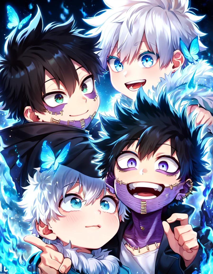 absurdres, highres, ultra detailed, HDR, master piece, best quality, extremely detailed face, delicated features, Dabi as a kid, black hair, expressive turquoise eyes, Boku No Hero Academia, Gojou Satoru as a kid, white hair, expressive blue eyes, white eyelashes, two kids together, yaoi, gay couple, small, cute, smiling, black coat, light-blue coat with fur, fantasy, magical, blue fire butterflies, fire flowers, blue fire, blue flames, blue fire in the background