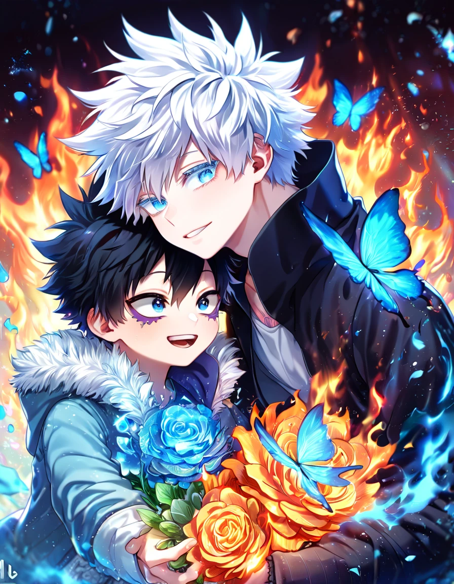 absurdres, highres, ultra detailed, HDR, master piece, best quality, extremely detailed face, delicated features, Dabi as a , black hair, expressive turquoise eyes, Boku No Hero Academia, Gojou Satoru as a kidhite hair, expressive blue eyes, white eyelashes, two kids ther, yaoi, gay couple, small, cute, smiling, black coat, light-blue coat with fur, fantasy, magical, blue fire butterflies, fire flowers, blue fire, blue flames, blue fire in the background