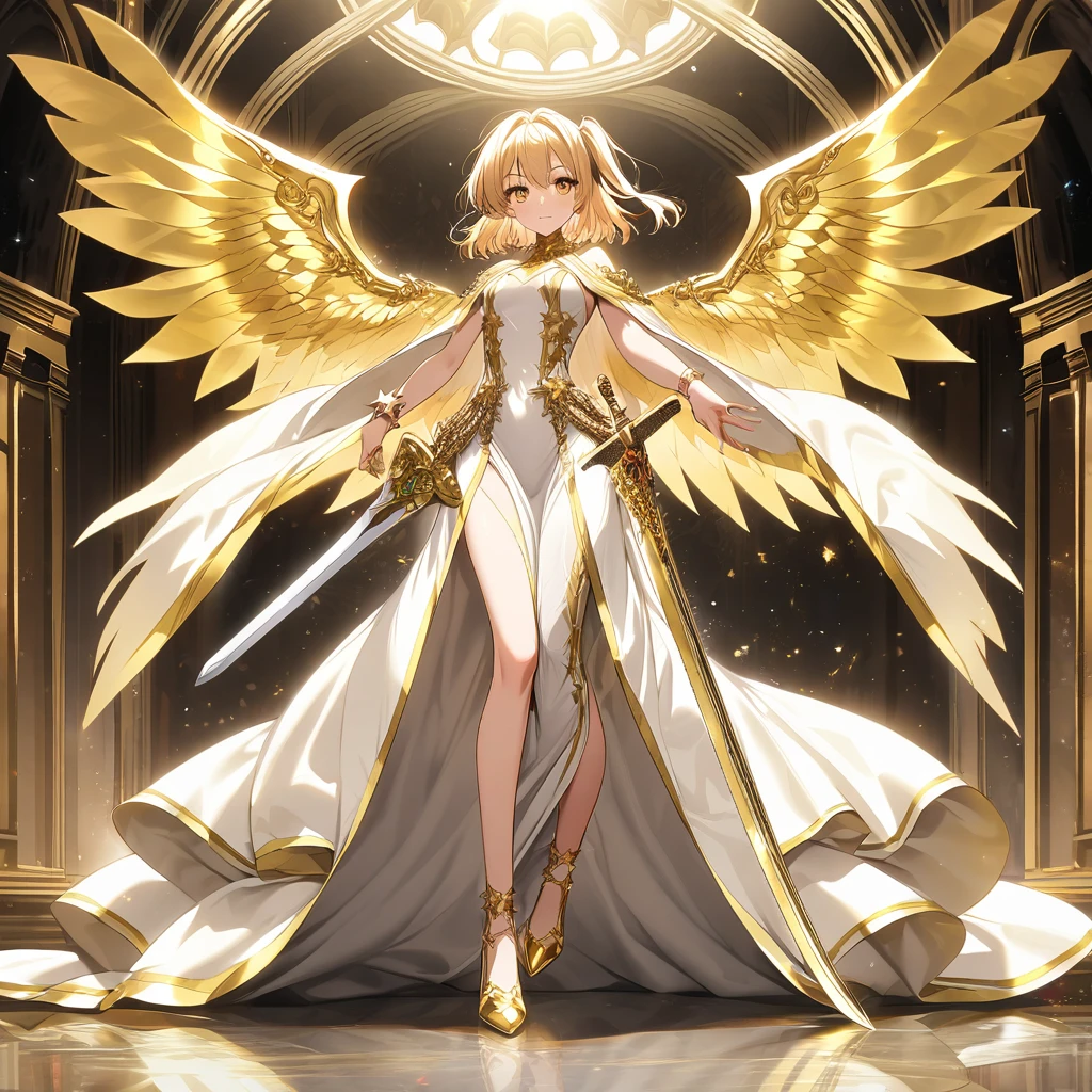 goddess(gold short hair, side-up hair, golden eyes, one-piece long dress, white high heels, golden big wings, star-motif bracelet), have 2 sword(1 sword is white short edge, 1sword is golden long edge)