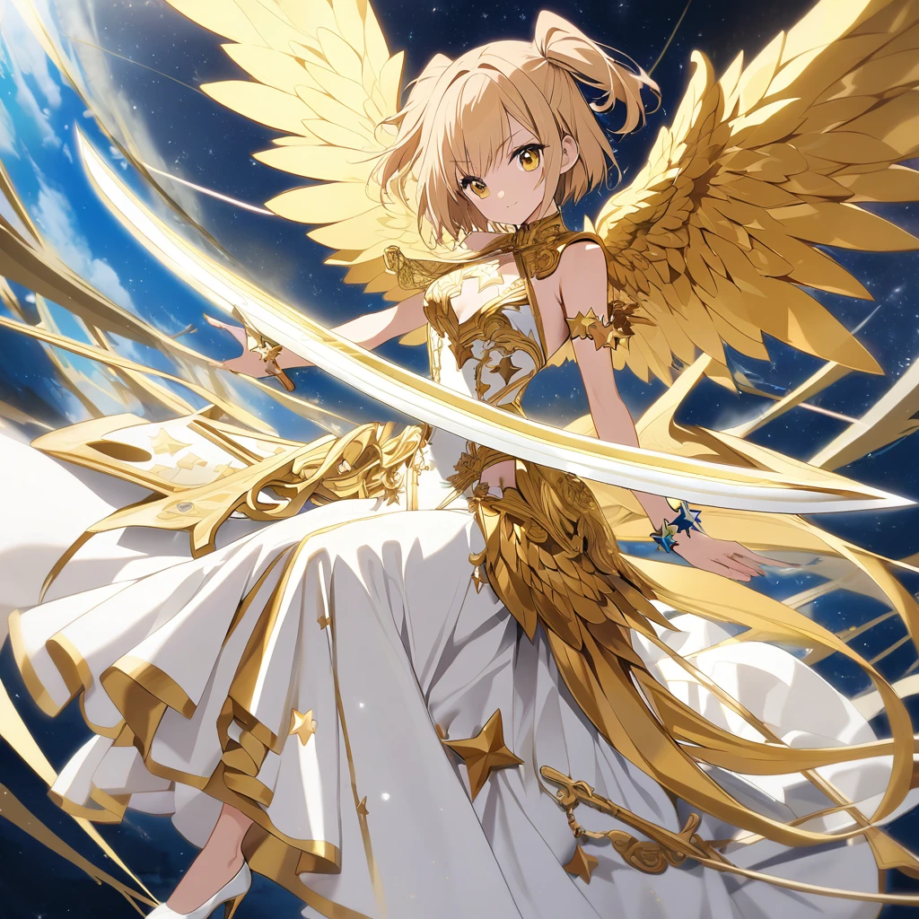 goddess(gold short hair, side-up hair, golden eyes, one-piece long dress, white high heels, golden big wings, star-motif bracelet), have 2 sword(1 sword is white short edge, 1sword is golden long edge)