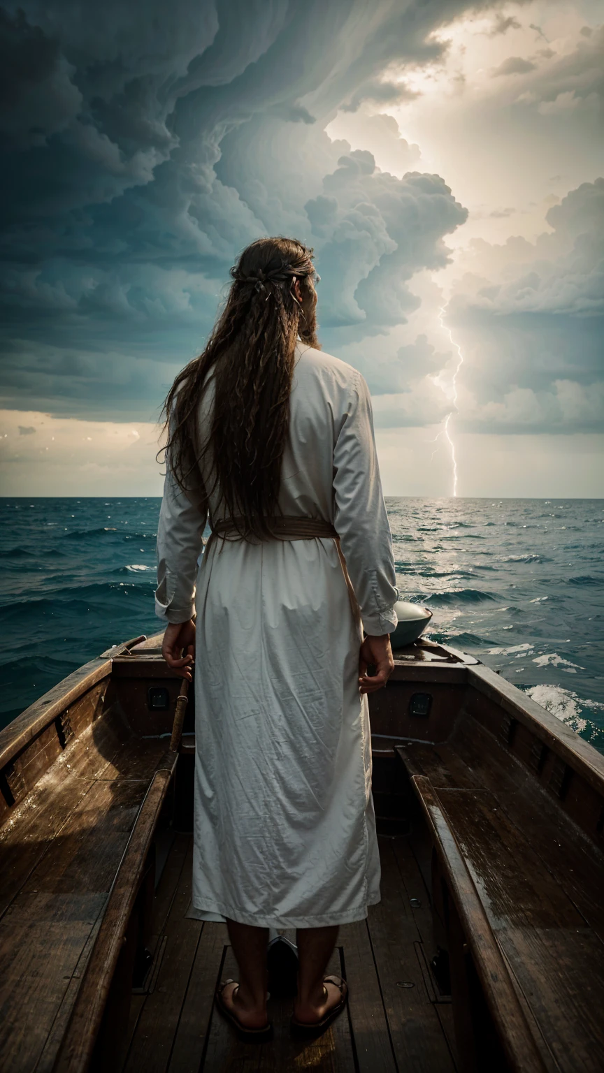 An old pious man with long hair is standing in a boat on the sea. The sky is covered with clouds.
back view,back view,
Hyper-realistic photography, gentle soft natural lightning, real photo,Cinematic style,realistic environment,low contrast, 32k resolution , highly detailed, realistic dress. Ultrarealistic water, hills