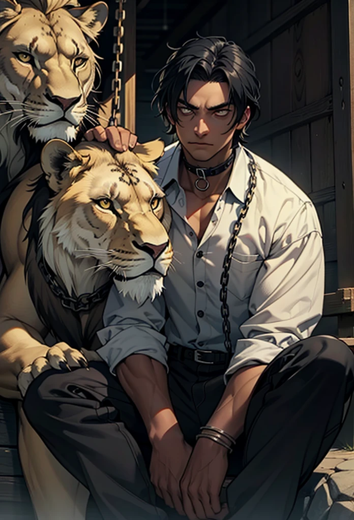 Perfect face, male 30y dark skinned zombie (dark skinned:0.9), black hair, collar, chain, one-eyed, sitting next a single huge African Lion:0.7, contemplation, dark tones, two-dimensional, comics, masterpiece rich details, "unlikely inseparable friends" theme, 1man and 1lion only