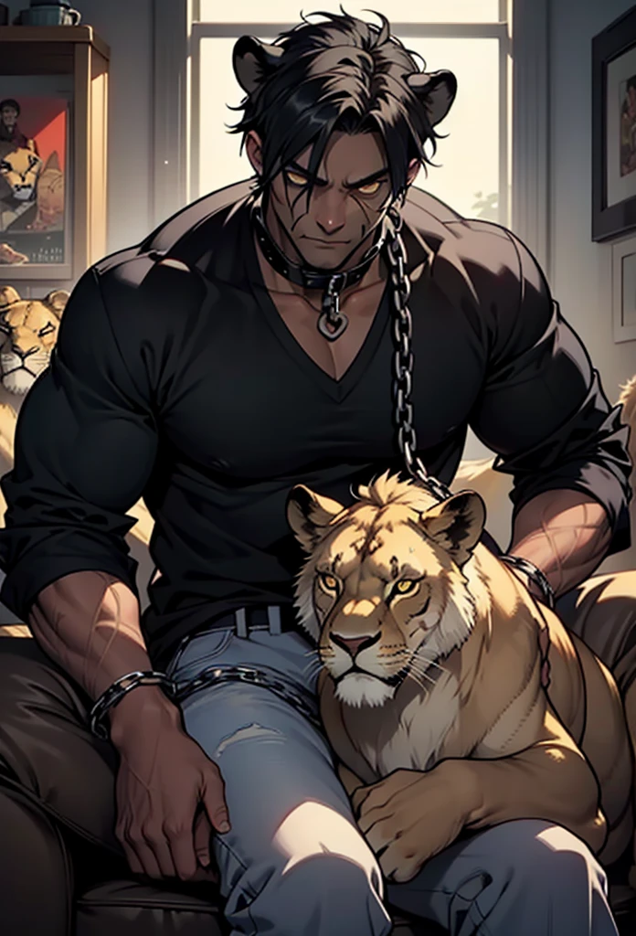 Perfect face, male 30y dark skinned zombie (dark skinned:0.9), black hair, collar, chain, one-eyed, sitting next a single huge African Lion:0.7, contemplation, dark tones, two-dimensional, comics, masterpiece rich details, "unlikely inseparable friends" theme, 1man and 1lion only