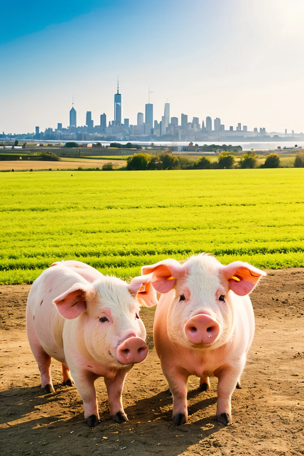 give me an image of happy pigs that promotes packaged meat with the HISMA logo, the flavor that unites us in an animated or realistic version that is in a winged landscape of a farm with a view of the city