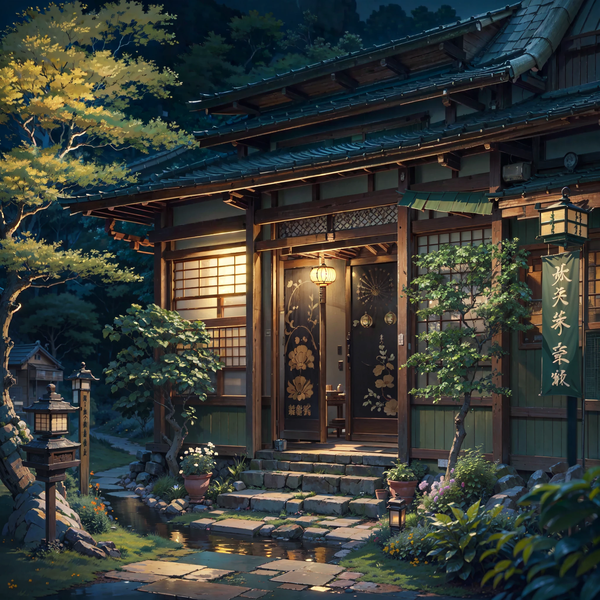 ((solo traditional wooden Japanese house:1.2)), Japanese banner with Japanese writing hanging above the door, street lamp illuminating the scene, camera facing the front of the house, in the wilderness, rural, trees, overgrown plants, vibrant flowers, exotic flowers, night time, dark, anime style, anime, lofi, lofi vibe, ((best quality:1.5)), ((masterpiece:1.5)), ((highly detailed:1.3)), ((anime aesthetic:1.2)), no one, no people, 
