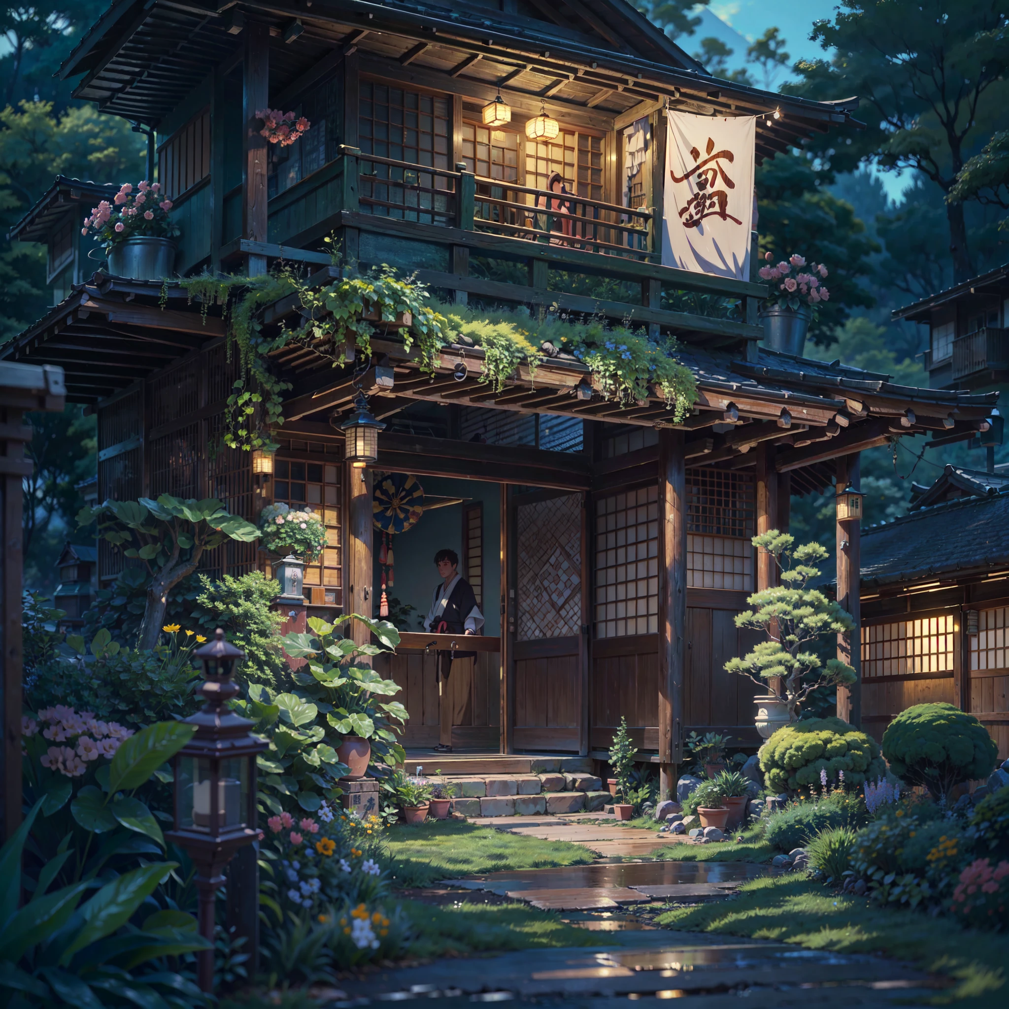((solo traditional wooden Japanese house:1.2)), Japanese banner with Japanese writing hanging above the door, street lamp illuminating the scene, camera facing the front of the house, in the wilderness, rural, trees, overgrown plants, vibrant flowers, exotic flowers, night time, dark, anime style, anime, lofi, lofi vibe, ((best quality:1.5)), ((masterpiece:1.5)), ((highly detailed:1.3)), ((anime aesthetic:1.2)), no one, no people,
