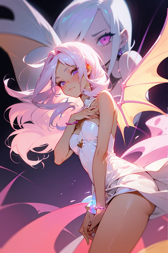 Platinum blonde hair, lavender eyes, beautiful dragonoid female, thoughtful expression, twilight, 6k resolution, beach, sunset, young woman, serene face, dragon wings, waist-up shot, glowing rose quartz bracelet, gentle smile, rose quartz gem on wrist, slender, toned build, dragon scales on legs, white dress, rose quartz bracelet, no freckles, seashell in hand, sandals.
