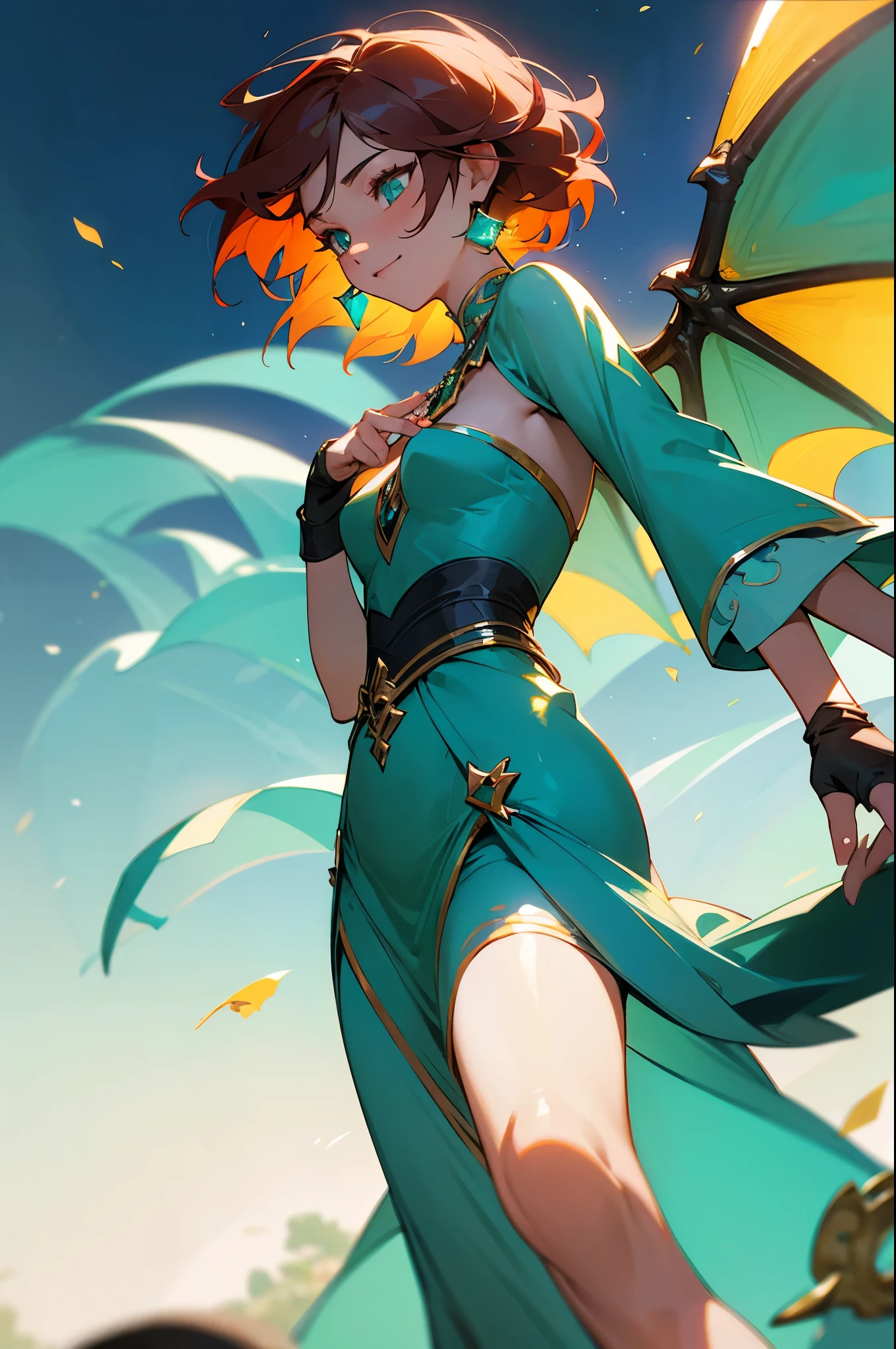 Auburn hair, turquoise eyes, beautiful dragonoid female, soft look, evening, 14k resolution, garden, blooming flowers, young woman, tender expression, dragon wings, close-up shot, glowing turquoise ring, gentle smile, turquoise gem on finger, slender, graceful build, dragon scales on arms, blue dress, turquoise ring, no blemishes, book in hand, sandals.