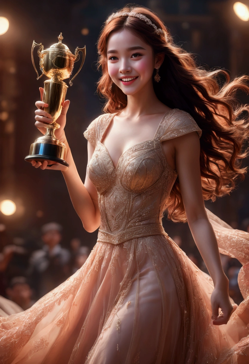 1girl, award-winning moment, emotional expression, joyful smile, hands raised in celebration, holding a trophy, dynamic pose, elegant dress, soft lighting, warm color palette, cinematic composition, octane render, 8k, highly detailed, masterpiece, best quality, very aesthetic, absurdres