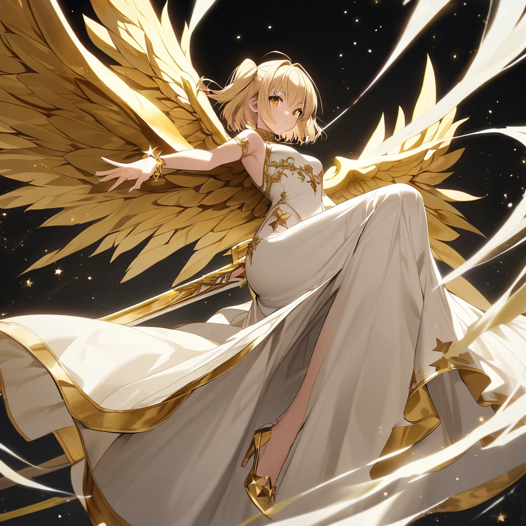goddess(gold short hair, side-up hair, golden eyes, one-piece long dress, white high heels, golden wings, star-motif bracelet), bottom view, have 1 sword(white large-long bog edge, 金の鍔, 金の柄)