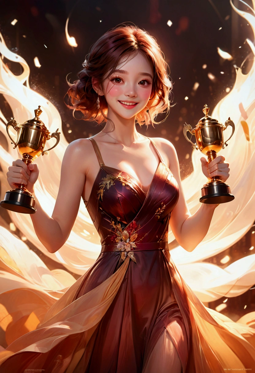 1girl, award-winning moment, emotional expression, joyful smile, hands raised in celebration, holding a trophy, dynamic pose, elegant dress, soft lighting, warm color palette, cinematic composition, octane render, 8k, highly detailed, masterpiece, best quality, very aesthetic, absurdres
