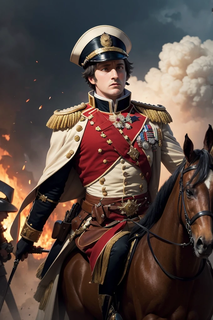 Create an image of Napoleon Bonaparte in the midst of a chaotic battle. He should be wearing his iconic military uniform and bicorne hat, with a determined expression. Napoleon is actively directing his troops or surveying the battlefield. The environment around him should be chaotic, with soldiers, cannons, smoke, and the general tumult of combat, emphasizing the intensity and disorder of the scene