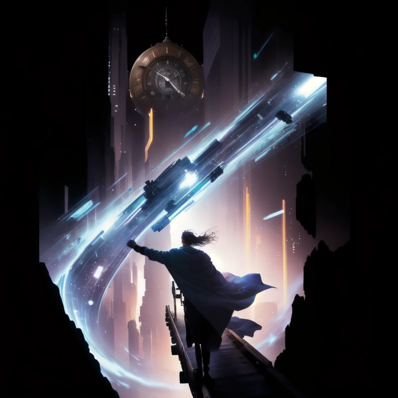 taking a first step as a hero, on a straight horizontal bridge, towards a shrinking time clock, abstract imagination