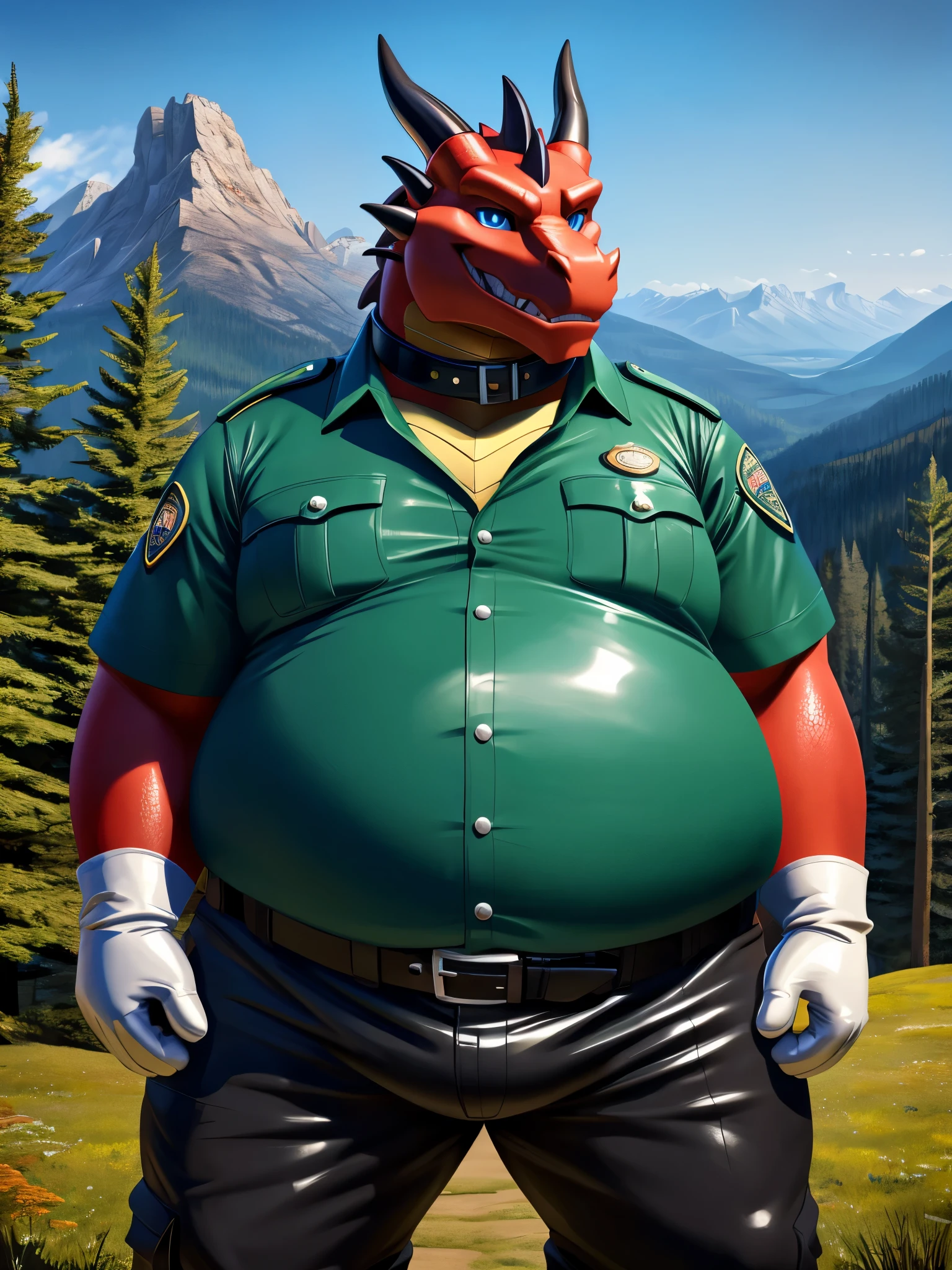 solo, full body, Male, fat, extremely obese, Dragon, park ranger, trousers, outdoor, park ranger uniform, collared shirt with buttons, blue eyes, (soft shading), 4k, hi res, ((detailed face, detailed)), looking at viewer, evil grin, Dragon is wearing the collared shirt and leather collar at the same time, Dragon is wearing a glossy leather dog collar around the neck, Dragon is wearing white rubber gloves on the hands, white rubber gloves on the feet, gloves are rubber in texture, leather collar is shiny, leather collar is extremely detailed, rubber gloves are glossy, Evergreen pine forest and mountains national park in the background, Environmental protection area.