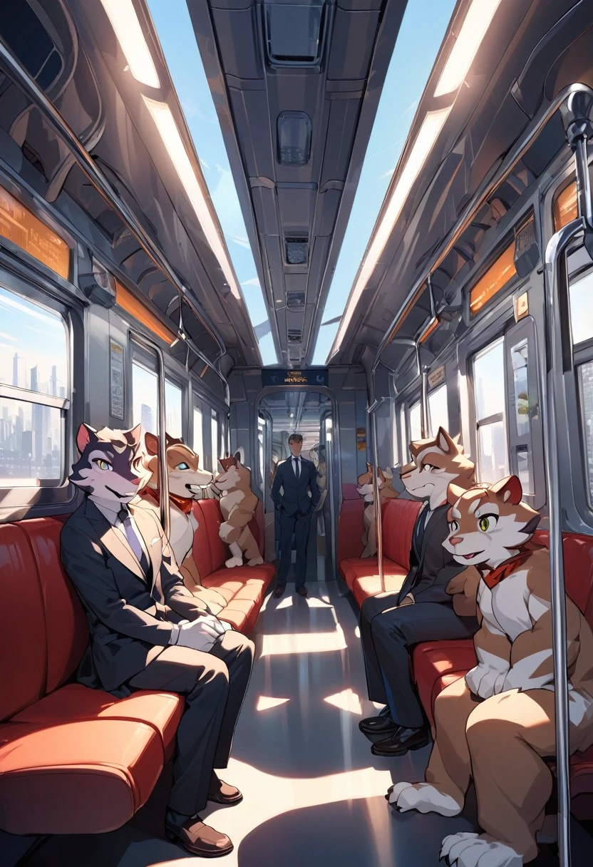 top quality, best quality, High-quality illustrations, masterpiece, super high resolution, detailed background, train interior, salary, suits, student, standing, sitting, Tyndall phenomenon, boys, girls, absurdres, perfect anatomy, expression, good lighting, cinematic shadow(kemono, furry anthro)dynamic angle,