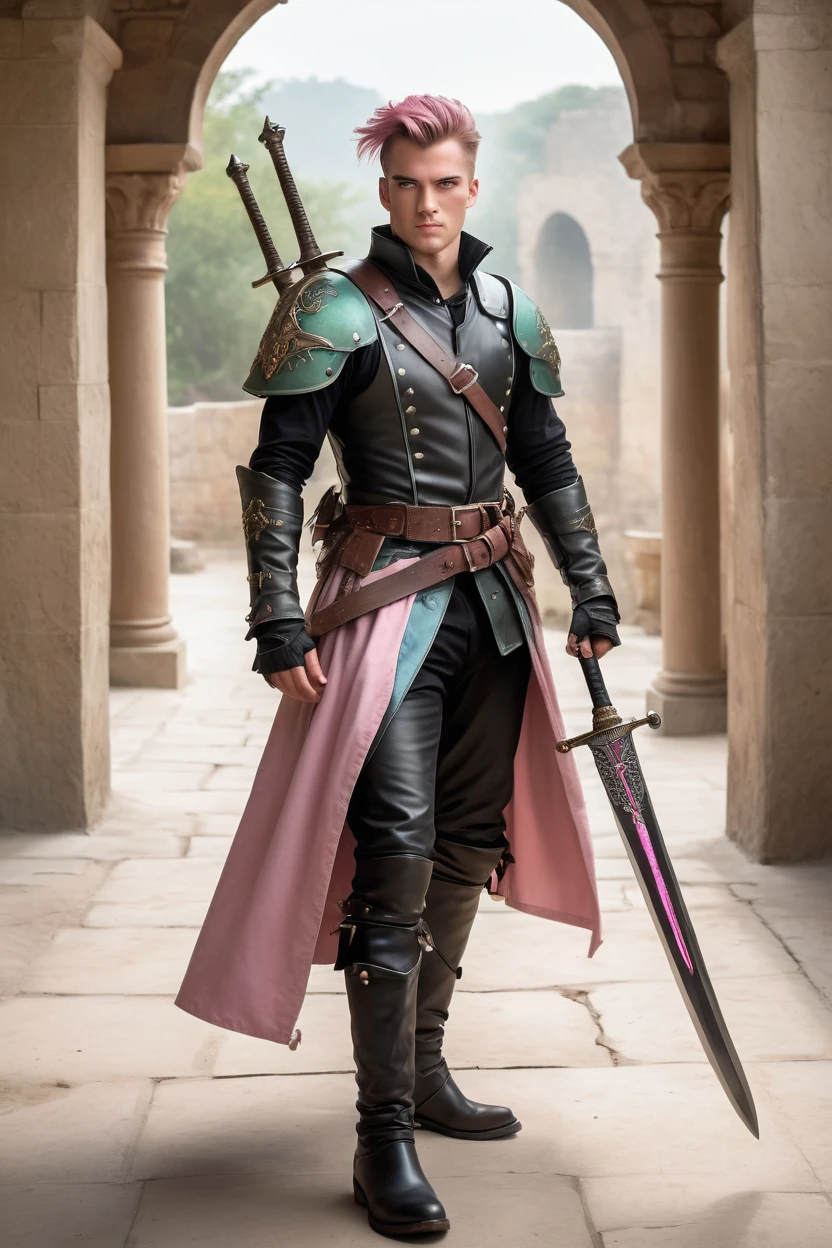 capture a head-to-toe body perspective of a swashbuckler standing in a simplisticly designed black leather armor/outfit and black leather boots, a pink undercut hairstyle, intricately detailed and pale green eyes. He is holding a bastard sword in his right hand, and he has a buckler attached to his left forearm. He is wearing an soft blue duelist's cape. Pathfinder Second Edition art style. an award-winning image art style