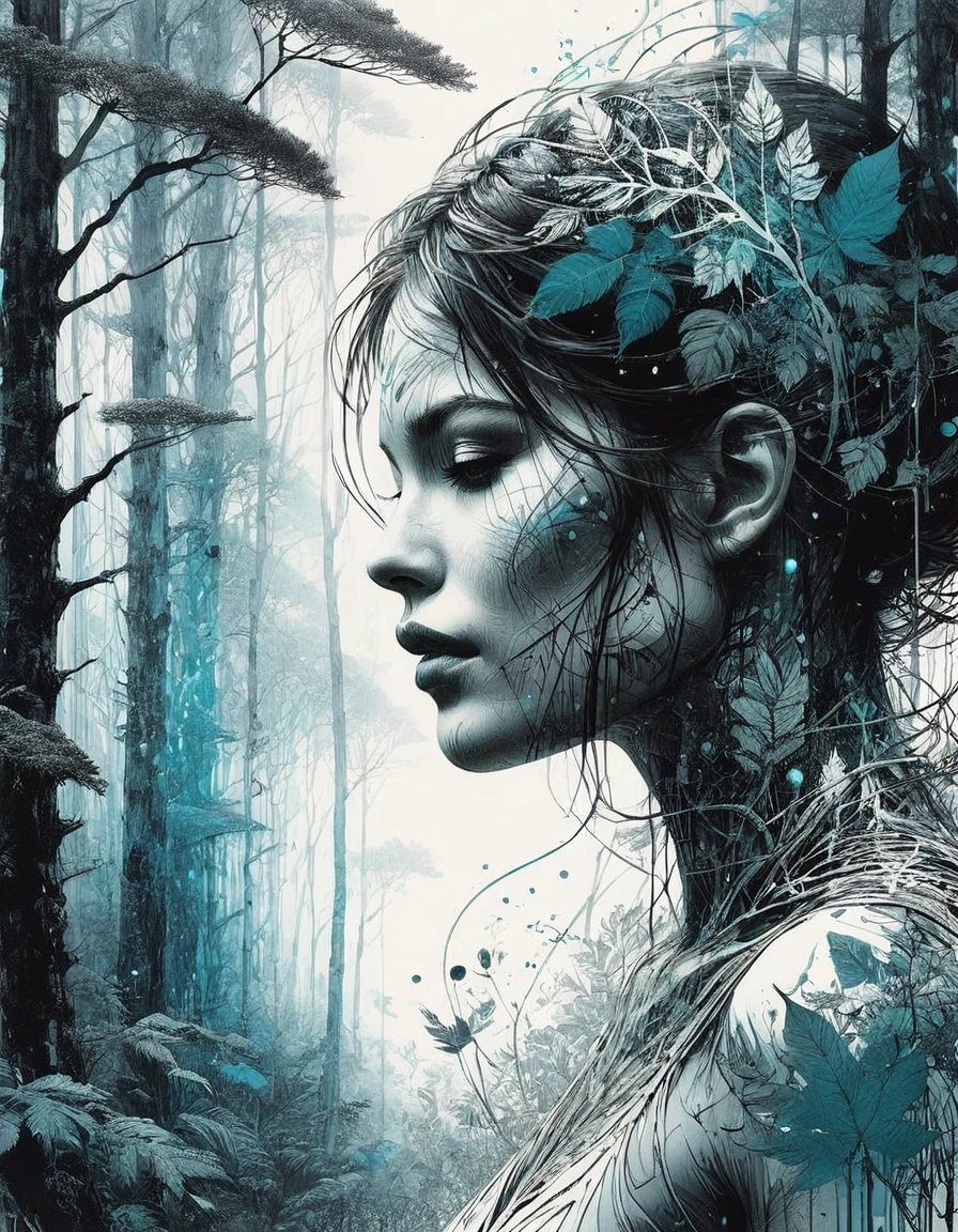 double exposure, solid white background, mysterious silhouette forest woman, by Minjae Lee, Carne Griffiths, Emily Kell, Geoffroy Thoorens, Aaron Horkey, Jordan Grimmer, Greg Rutkowski, amazing depth, masterwork, surreal, geometric patterns, intricately detailed, bokeh, perfect balanced, deep fine borders, artistic photorealism , smooth, great masterwork by head of prompt engineering 