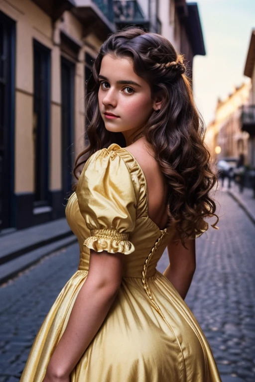 a beautiful 15-year-old girl on a 19th century street in a vintage dress), (Serious:0.5), (Highly detailed face:1.4), ass pov, Nikon D850, film stock photograph, 4 Kontury street in a vintage dress), (Serious:0.5), (Highly detailed face:1.4), ass pov, Nikon D850, film stock photograph, 4 Kodak Portra 400, camera f1.6 lens, saturated colors, hyper realistic, lifelike texture, dramatic lighting, Cinestill 800, 19th-century Victorian style, Evening, Vintage lighting, Medium curly hair