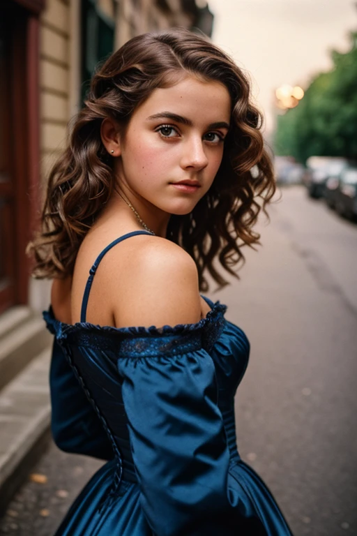 a beautiful 15-year-old girl on a 19th century street in a vintage dress), (Serious:0.5), (Highly detailed face:1.4), ass pov, Nikon D850, film stock photograph, 4 Kontury street in a vintage dress), (Serious:0.5), (Highly detailed face:1.4), ass pov, Nikon D850, film stock photograph, 4 Kodak Portra 400, camera f1.6 lens, saturated colors, hyper realistic, lifelike texture, dramatic lighting, Cinestill 800, 19th-century Victorian style, Evening, Vintage lighting, Medium curly hair