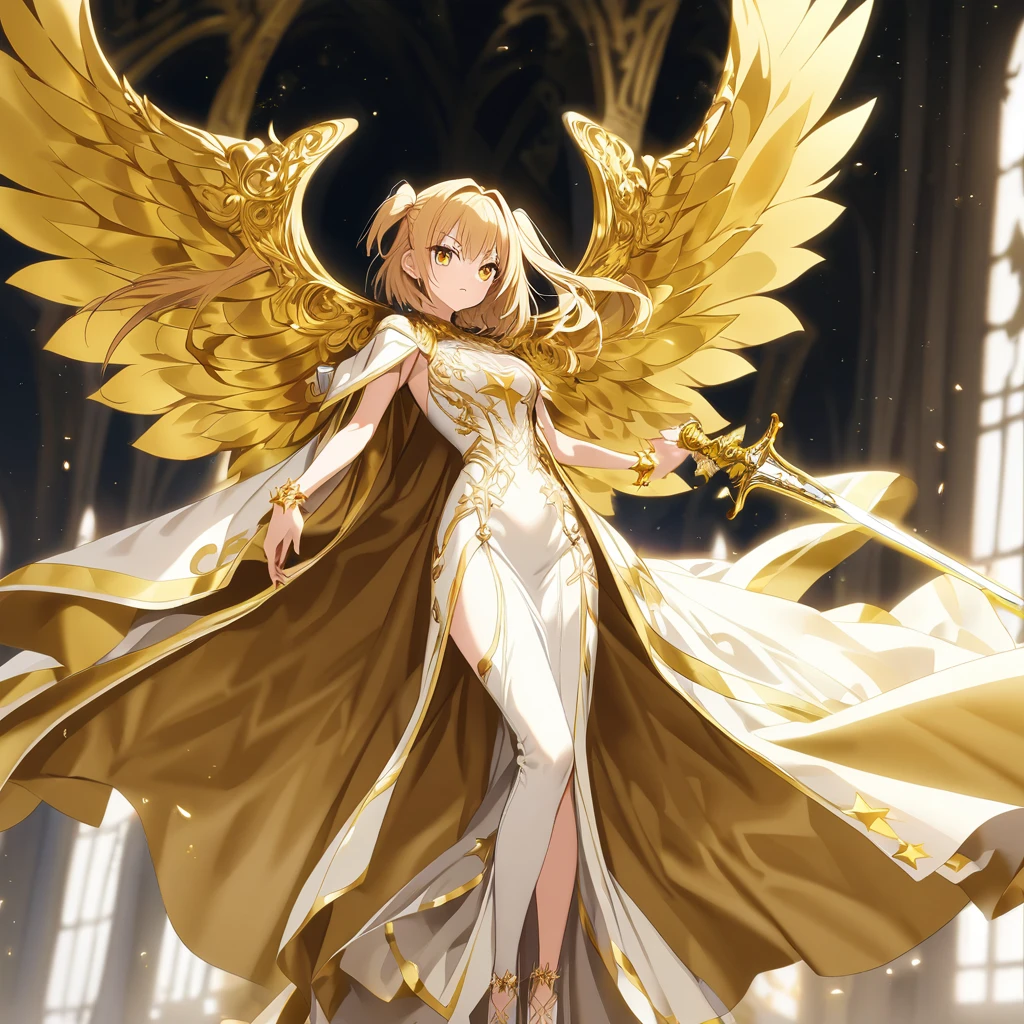 goddess(gold short hair, side-up hair, golden eyes, one-piece long dress, white high heels, golden big wings, star-motif bracelet), have 2 sword(1 sword is white short edge, 1sword is golden long edge)