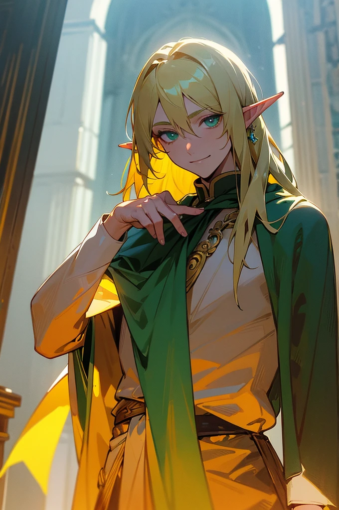 Golden blonde hair, emerald green eyes, noble elf male, regal look, noon, 10k resolution, ancient ruins, sunlight filtering, young elf, dignified expression, sharp features, full-body shot, glowing emerald ring, slight smile, emerald gem on finger, tall, athletic build, ornate robes, no scars, ornate staff in hand, leather boots, upper body
