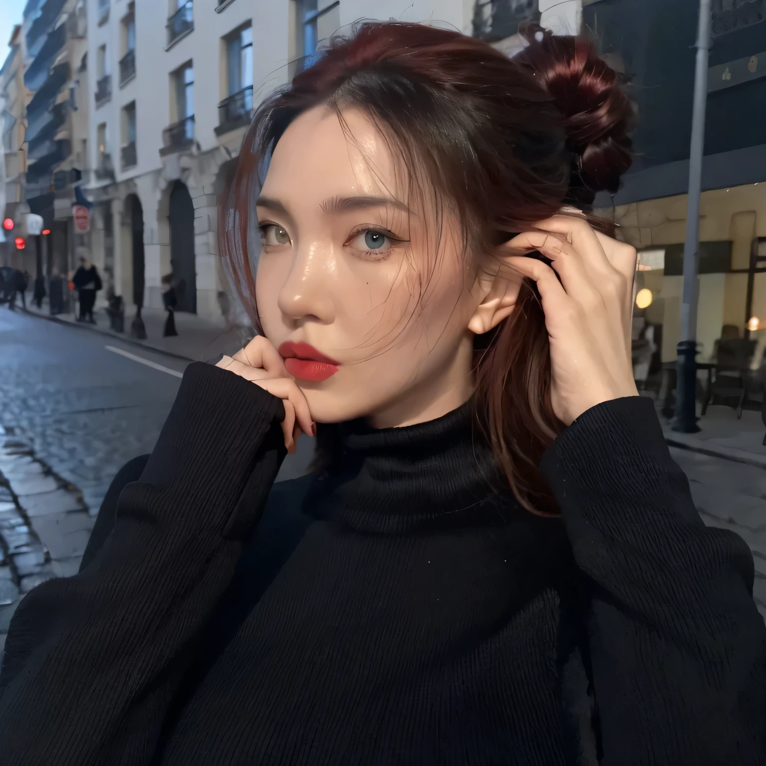 photo d'une femme, Qualité 4K, tout le corps, rouge à levres rouge, dans la rue, Cheveux mit long noir derriere les oreilles, IrréalisteRêve, photo prise de face