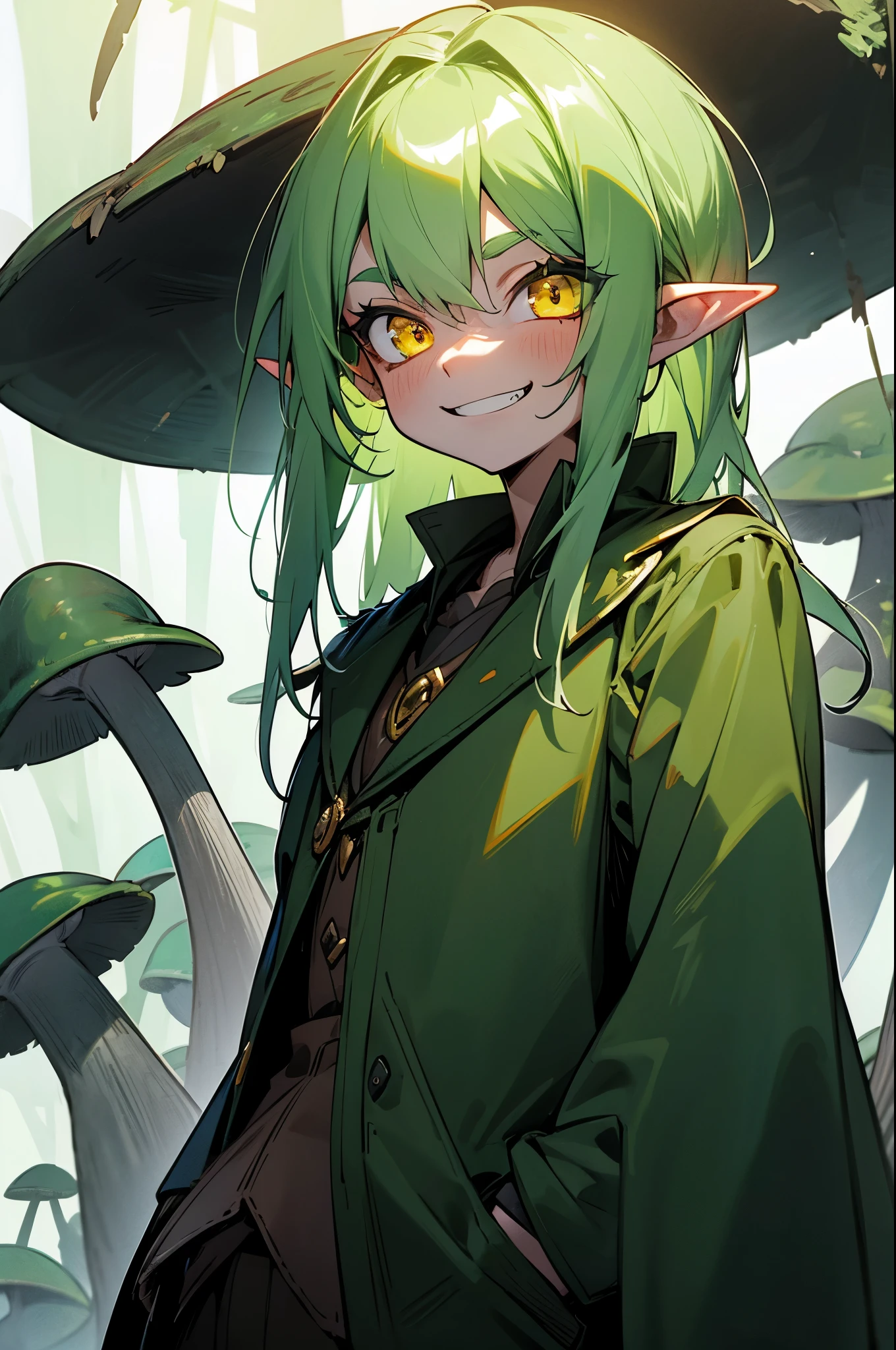 Green skin, yellow eyes, mischievous goblin male, toothy grin, dusk, 8k resolution, dark forest, glowing mushrooms, young goblin, playful expression, pointy ears, mid-shot, glowing emerald necklace, wide smile, emerald gem on chest, wiry build, rough clothing, no scars, dagger in hand, leather boots, upper body, arms in pockets