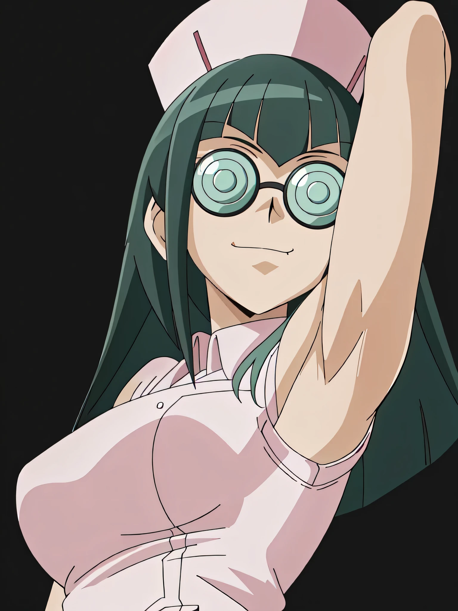 CC, glasses, nurse outfit, light pink nurse outfit, nurse hat, sleeveless, bare shoulders, bare arms, 1girl, solo, anime screencap, frontlighting, (simple background, black background, dark background:1.3), masterpiece, absurdres, hdr, soft light, best quality, detailed, highres, shiny skin, shiny hair, looking at viewer, smile, smug, (closed mouth:1.2), arm up, raised arm, armpit, (from side, from below:1.4)