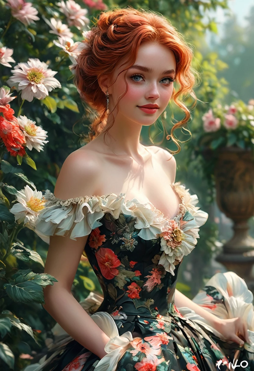 A red-haired girl 23 years old, vivacious and beautiful, in a beautiful black floral dress. Her charming light red hair falls over her shoulders in thick waves. She has fair skin tone. Beautiful eyebrows. Round face, red lips. Dazzling smile. thin waist. in a garden in Paris, Eccentric. Official Art, Award Winning Digital Painting, Digital Illustration, Extreme Details, 4k, Ultra Hd, Rococo, Polished, Intricate, Realistic Fantasy Art, Soft Focus, Concept Art, Wlop Art, Artgerm, (2D Vector Illustration)