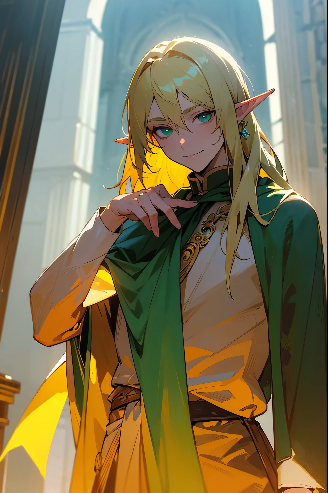 Golden blonde hair, emerald green eyes, noble elf male, regal look, noon, 10k resolution, ancient ruins, sunlight filtering, young elf, dignified expression, sharp features, full-body shot, glowing emerald ring, slight smile, emerald gem on finger, tall, athletic build, ornate robes, no scars, ornate staff in hand, leather boots, upper body