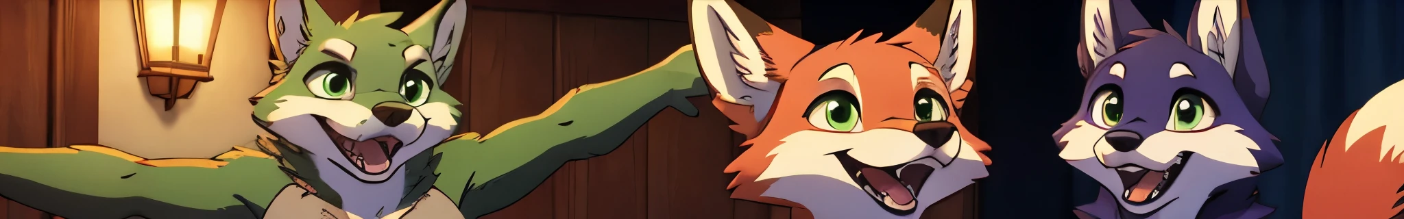 a happy redfoxe and a greenwolve