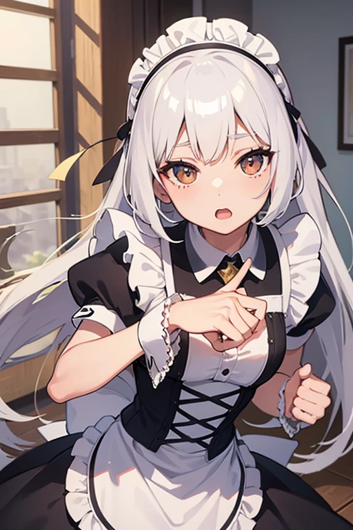 Super high quality, absolutely high image quality, absolute resolution, super detailed masterpiece, detailed and, super detailed and detailed skin texture and texture, anime shine and texture, perfect anatomy, 1girl, girl, extremely young, smooth nose, super detailed and beautiful eyes, marked waist, perfect fingers, striking appearance, well-proportioned body, anime style, masterpiece, superfine resolution, white hair, brown eyes, long hair, maid outfit